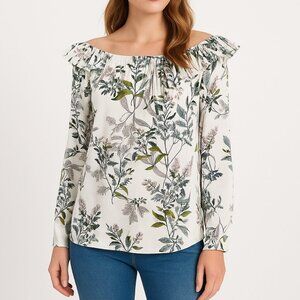 Banana Republic Floral Ruffle Blouse L Botanical Print Pleated Neck White Top